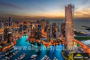Dubai-Marina-Gökdelenler-Gece Görünümlü-Tepeden Bakış-3D-Üç-Boyutlu-Duvar Kağıdı